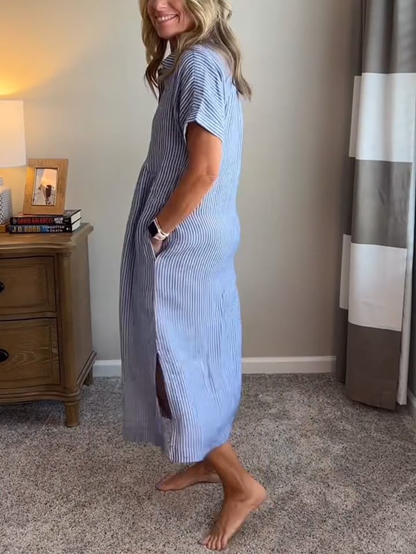 CLAIRE – MOEITELOZE GESTREEPTE OVERHEMDJURK