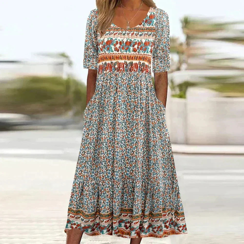 Maartje™ | Bohemian Midi Jurk met Etnische Print