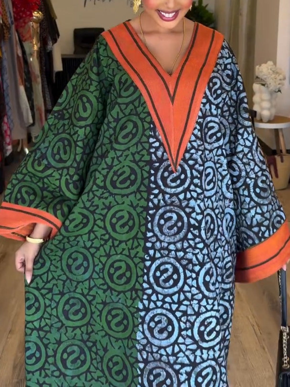 IMANI – AFRIKAANSE PRINT V-HALS KAFTAN MAXI JURK