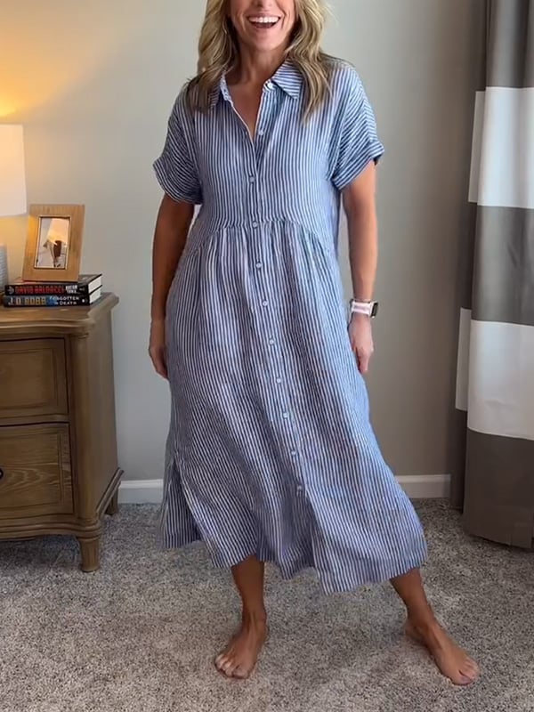 CLAIRE – MOEITELOZE GESTREEPTE OVERHEMDJURK